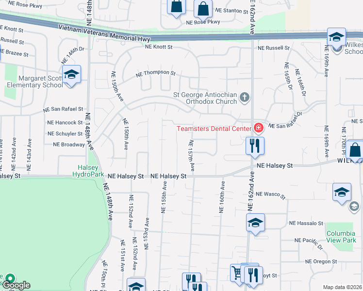 map of restaurants, bars, coffee shops, grocery stores, and more near 1722 NE 156th Ave in Portland