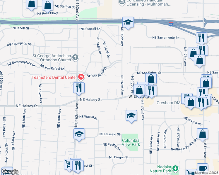 map of restaurants, bars, coffee shops, grocery stores, and more near 16635 Northeast Halsey Street in Portland