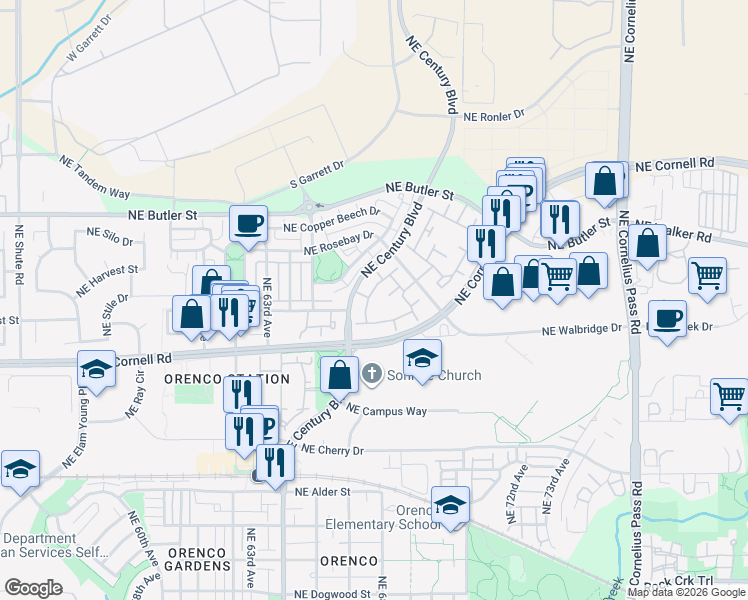 map of restaurants, bars, coffee shops, grocery stores, and more near 6710 Northeast Vinings Way in Hillsboro