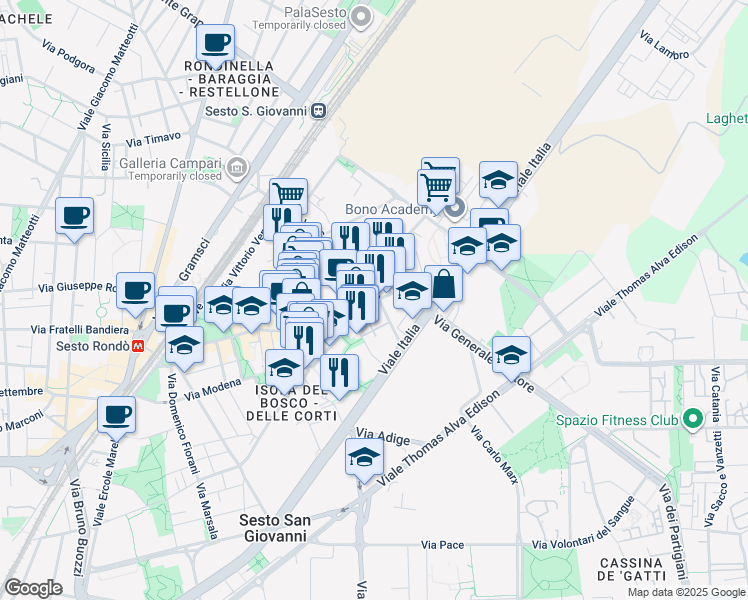 map of restaurants, bars, coffee shops, grocery stores, and more near 125 Via Puricelli Guerra in Sesto San Giovanni