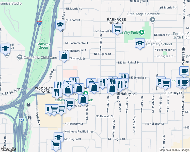 map of restaurants, bars, coffee shops, grocery stores, and more near 1825 Northeast 108th Avenue in Portland