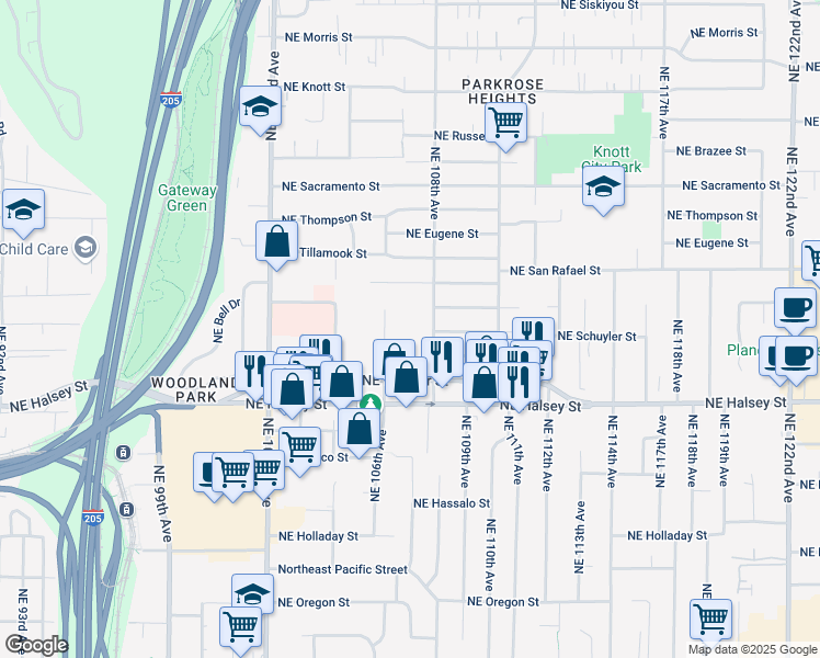 map of restaurants, bars, coffee shops, grocery stores, and more near 1825 Northeast 108th Avenue in Portland