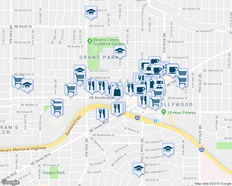 map of restaurants, bars, coffee shops, grocery stores, and more near 3568 Northeast Schuyler Street in Portland