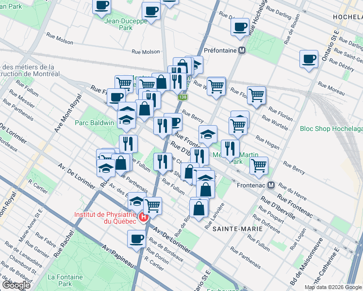 map of restaurants, bars, coffee shops, grocery stores, and more near 2579 Rue D'Iberville in Montréal