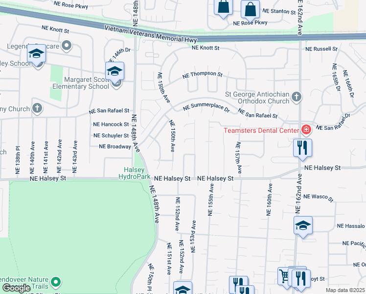 map of restaurants, bars, coffee shops, grocery stores, and more near 15214 Northeast Schuyler Court in Portland