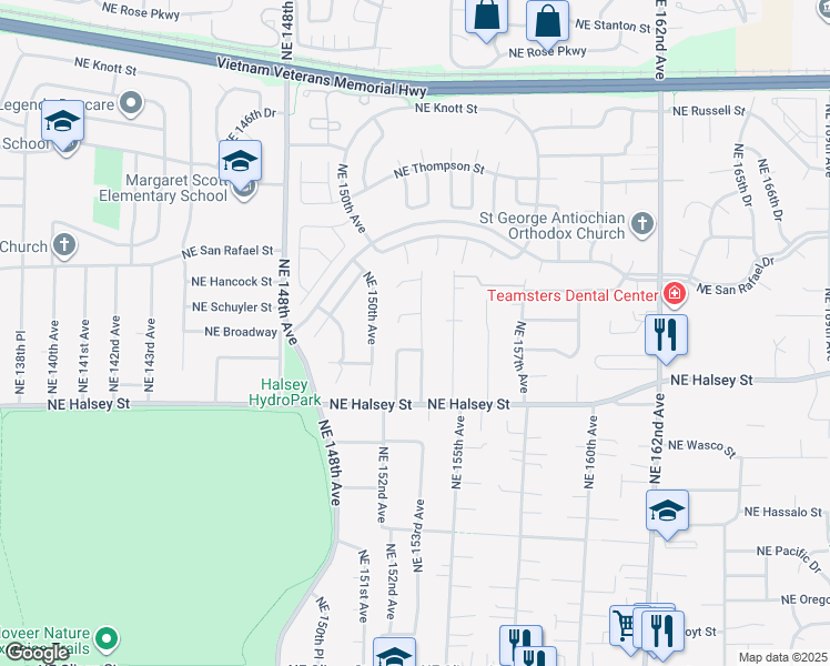 map of restaurants, bars, coffee shops, grocery stores, and more near 1727 Northeast 153rd Place in Portland