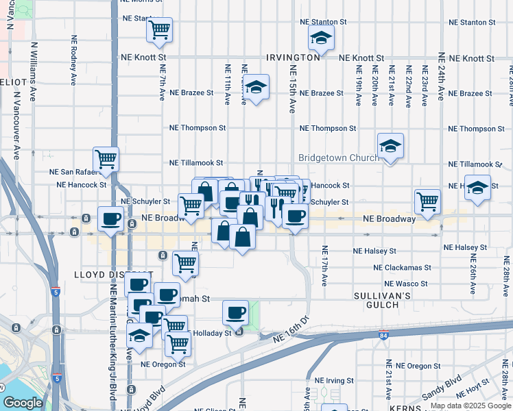 map of restaurants, bars, coffee shops, grocery stores, and more near 1205 Northeast Broadway in Portland