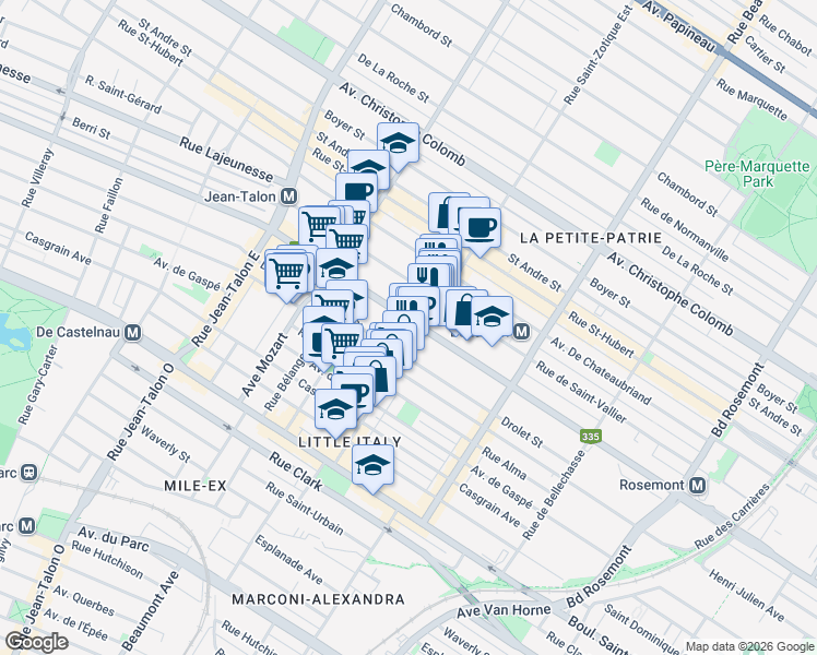 map of restaurants, bars, coffee shops, grocery stores, and more near 6722 Rue Saint-Denis in Montréal