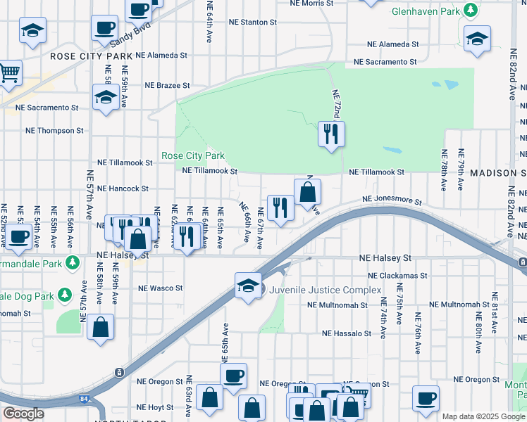 map of restaurants, bars, coffee shops, grocery stores, and more near 6738 Northeast Hancock Street in Portland