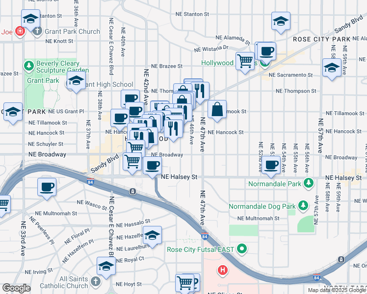 map of restaurants, bars, coffee shops, grocery stores, and more near 1727 Northeast 46th Avenue in Portland