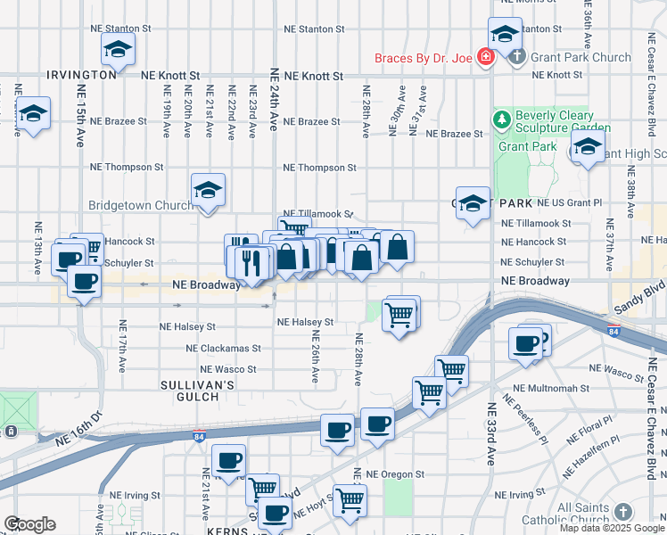 map of restaurants, bars, coffee shops, grocery stores, and more near 2621-2627 Northeast Broadway in Portland