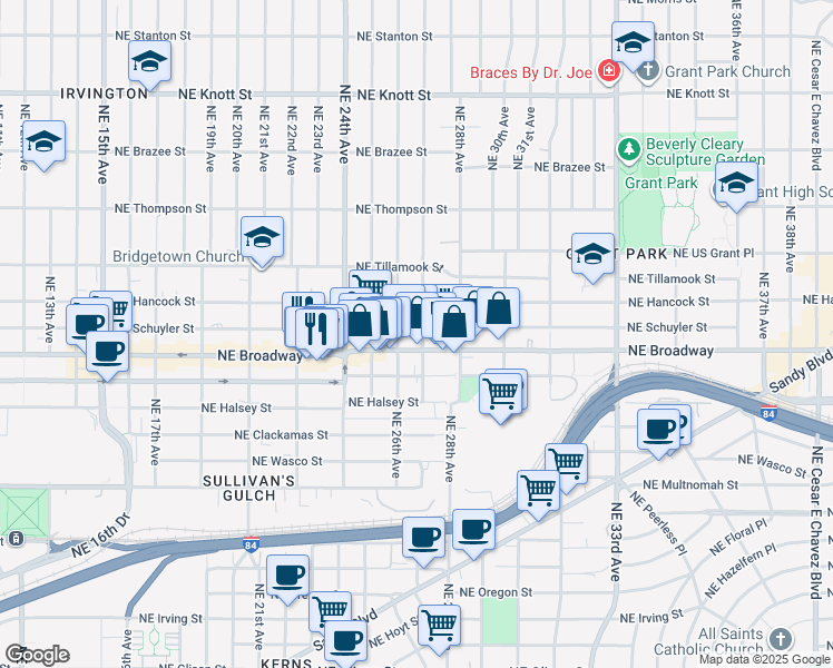 map of restaurants, bars, coffee shops, grocery stores, and more near 2621-2627 Northeast Broadway in Portland