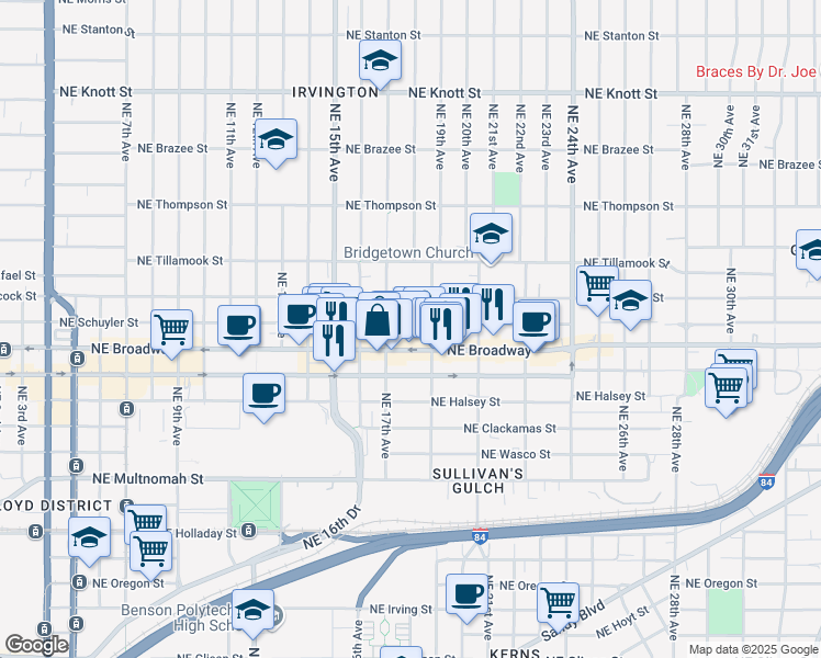 map of restaurants, bars, coffee shops, grocery stores, and more near 1820 Northeast Schuyler Street in Portland