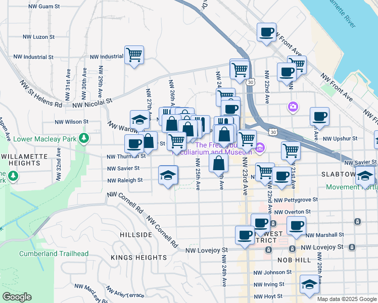 map of restaurants, bars, coffee shops, grocery stores, and more near 2501 Northwest Thurman Street in Portland