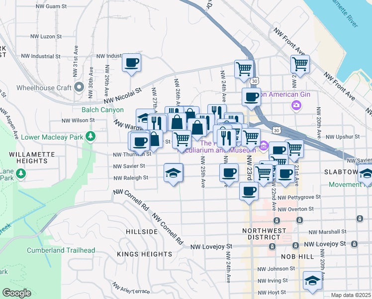 map of restaurants, bars, coffee shops, grocery stores, and more near 2573 Northwest Thurman Street in Portland