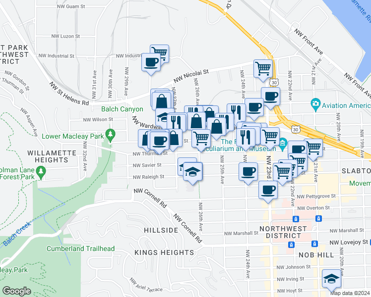 map of restaurants, bars, coffee shops, grocery stores, and more near 2651 Northwest Thurman Street in Portland