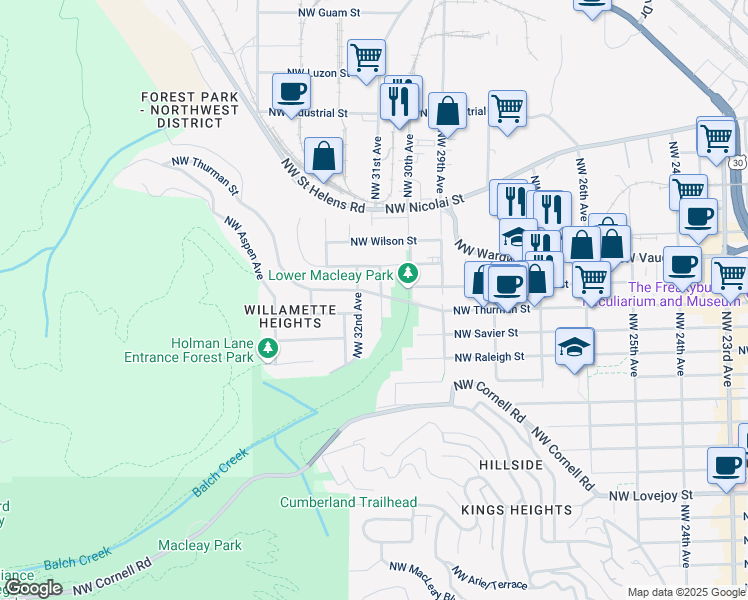 map of restaurants, bars, coffee shops, grocery stores, and more near 3044 Northwest Thurman Street in Portland