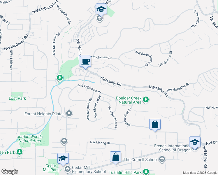 map of restaurants, bars, coffee shops, grocery stores, and more near 9600 Northwest Miller Hill Drive in Portland