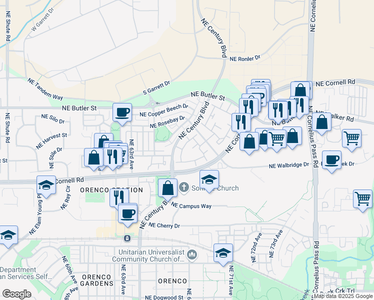 map of restaurants, bars, coffee shops, grocery stores, and more near 6844 Northeast Vinings Way in Hillsboro