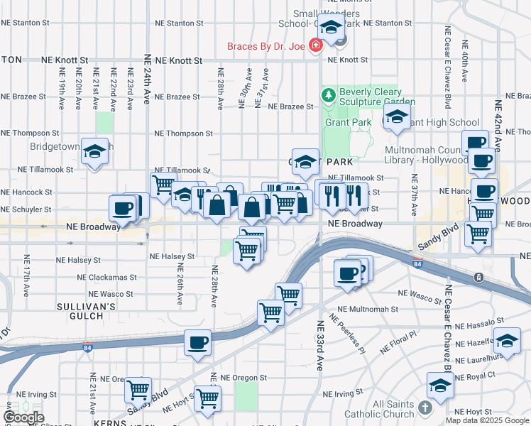 map of restaurants, bars, coffee shops, grocery stores, and more near 3104 Northeast Schuyler Street in Portland