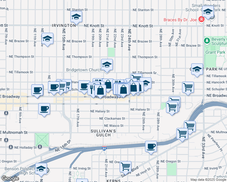 map of restaurants, bars, coffee shops, grocery stores, and more near 2166 Northeast Schuyler Street in Portland