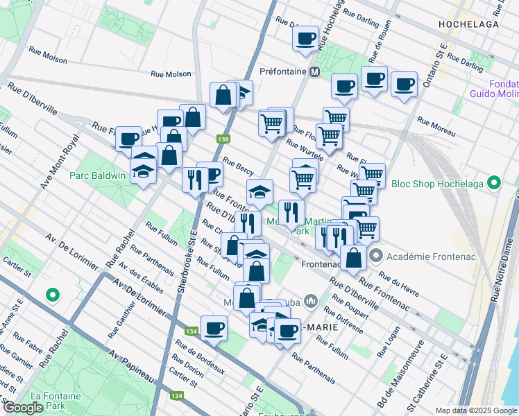 map of restaurants, bars, coffee shops, grocery stores, and more near in Montréal