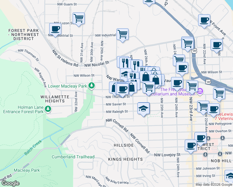 map of restaurants, bars, coffee shops, grocery stores, and more near 1845 Northwest 28th Avenue in Portland