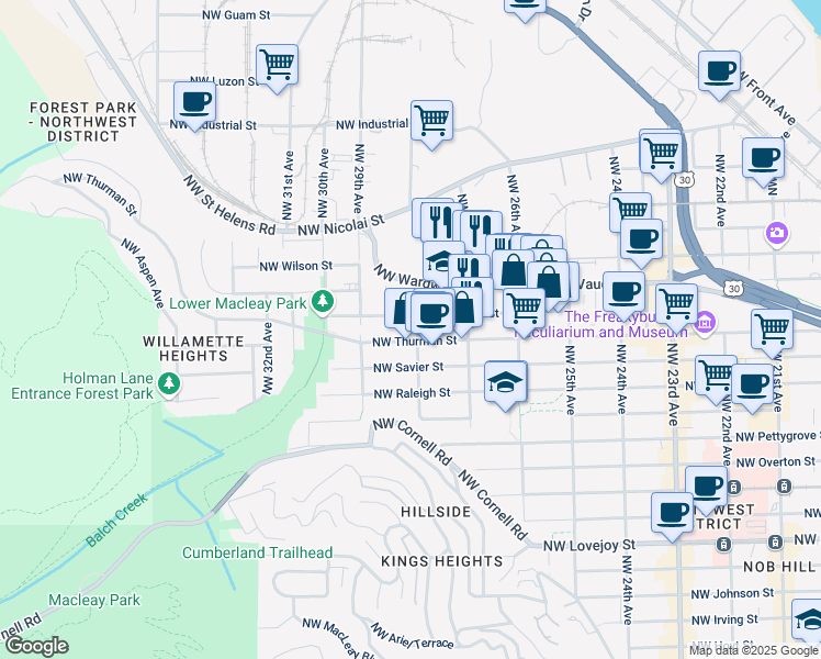 map of restaurants, bars, coffee shops, grocery stores, and more near 1845 Northwest 28th Avenue in Portland