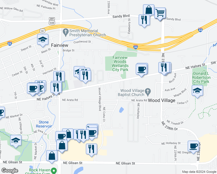 map of restaurants, bars, coffee shops, grocery stores, and more near 1755 Northeast 230th Court in Wood Village