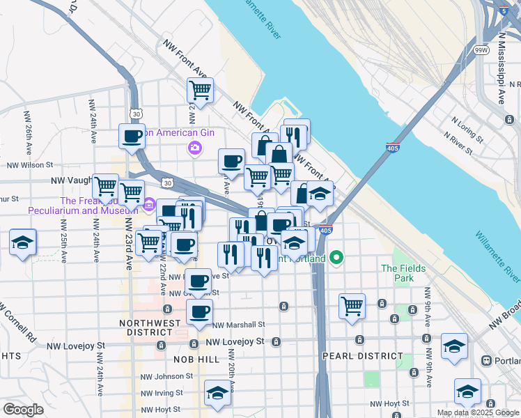 map of restaurants, bars, coffee shops, grocery stores, and more near 1900 Northwest Thurman Street in Portland