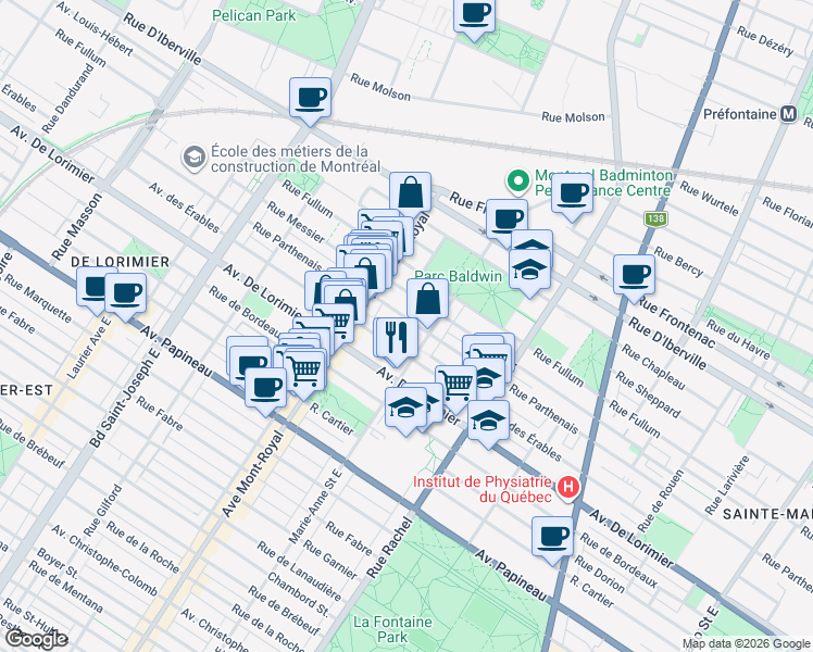 map of restaurants, bars, coffee shops, grocery stores, and more near 4398 Rue Parthenais in Montréal