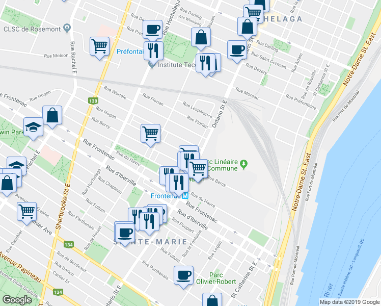 map of restaurants, bars, coffee shops, grocery stores, and more near 2041 Rue Hogan in Montréal