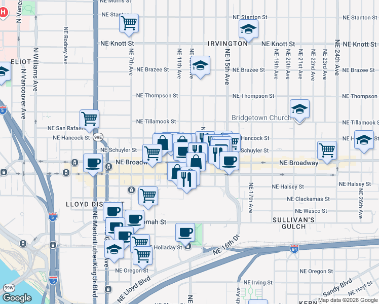 map of restaurants, bars, coffee shops, grocery stores, and more near 1132 Northeast Schuyler Street in Portland