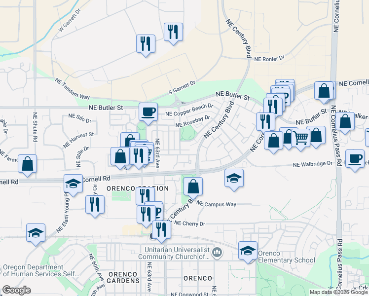 map of restaurants, bars, coffee shops, grocery stores, and more near 1528 Northeast 65th Avenue in Hillsboro