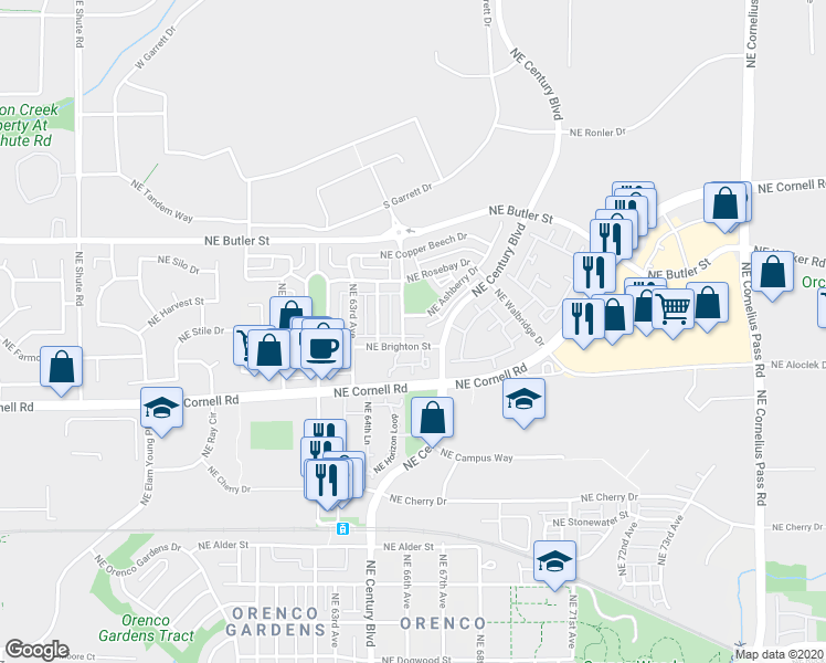 map of restaurants, bars, coffee shops, grocery stores, and more near 1528 Northeast 65th Avenue in Hillsboro