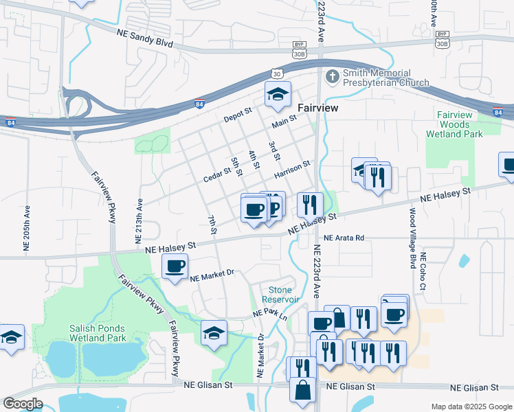 map of restaurants, bars, coffee shops, grocery stores, and more near 441 Lincoln Street in Fairview