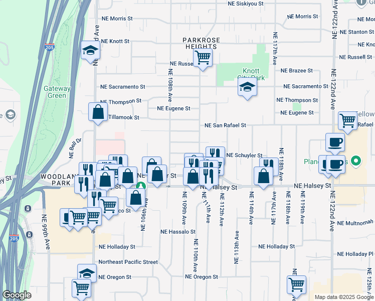 map of restaurants, bars, coffee shops, grocery stores, and more near 10925 Northeast Schuyler Street in Portland