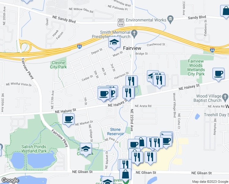 map of restaurants, bars, coffee shops, grocery stores, and more near 350 Lincoln Street in Fairview
