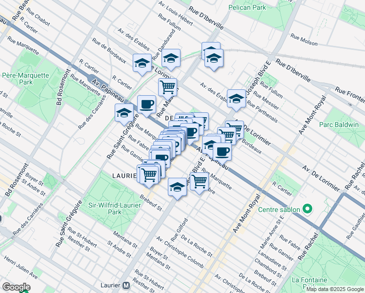 map of restaurants, bars, coffee shops, grocery stores, and more near 1692 Avenue Laurier Est in Montréal