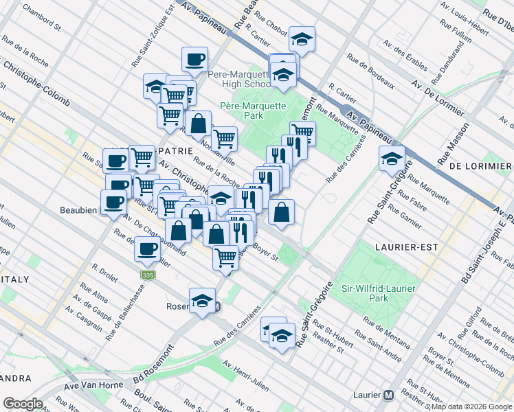 map of restaurants, bars, coffee shops, grocery stores, and more near 5828 Rue de la Roche in Montréal