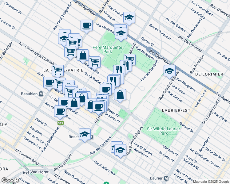 map of restaurants, bars, coffee shops, grocery stores, and more near Boulevard Rosemont & Rue de la Roche in Montréal