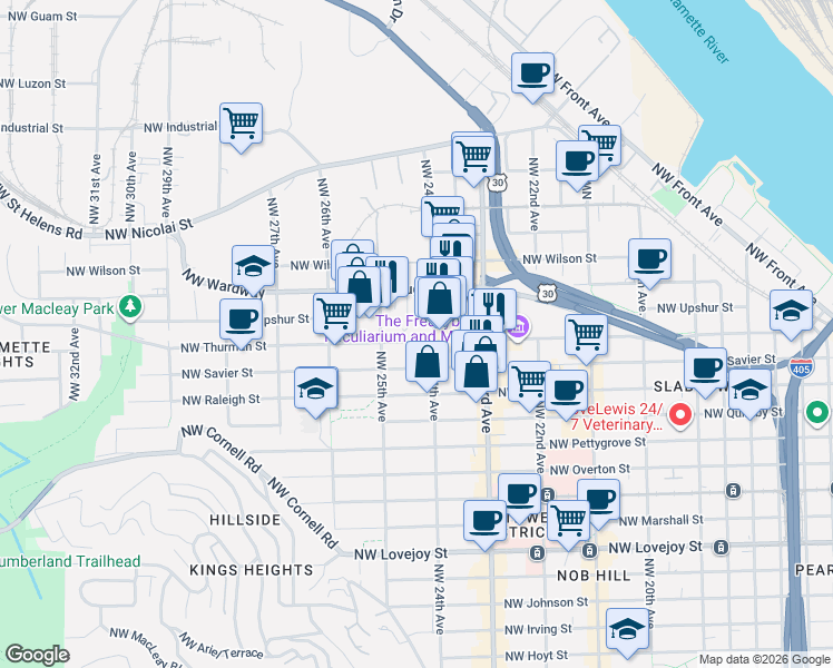 map of restaurants, bars, coffee shops, grocery stores, and more near 2427 Northwest Thurman Street in Portland
