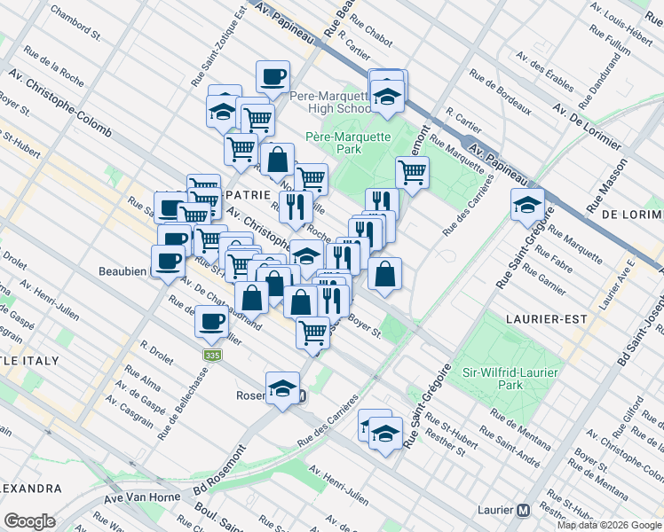 map of restaurants, bars, coffee shops, grocery stores, and more near 5919 Avenue Christophe-Colomb in Montréal