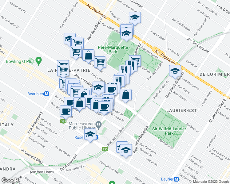 map of restaurants, bars, coffee shops, grocery stores, and more near 5828 Rue de la Roche in Montréal