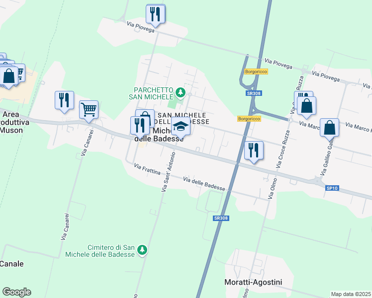 map of restaurants, bars, coffee shops, grocery stores, and more near 421 Via Desman in Borgoricco