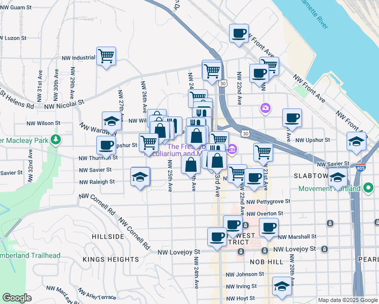 map of restaurants, bars, coffee shops, grocery stores, and more near 2427 Northwest Thurman Street in Portland