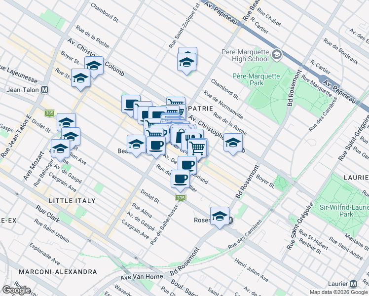 map of restaurants, bars, coffee shops, grocery stores, and more near 6339 Rue Saint-Hubert in Montreal