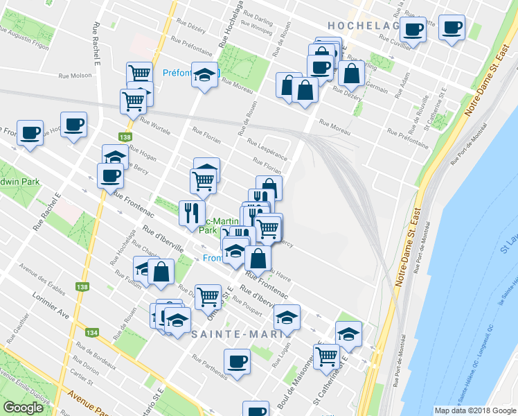 map of restaurants, bars, coffee shops, grocery stores, and more near 2041 Rue Hogan in Montréal