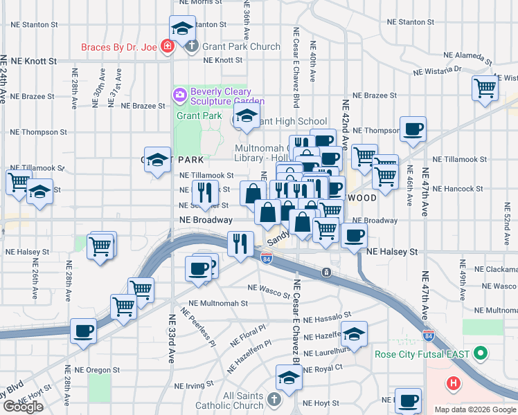 map of restaurants, bars, coffee shops, grocery stores, and more near 1731 Northeast 37th Avenue in Portland