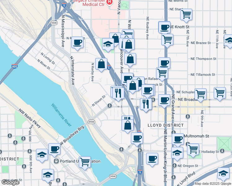 map of restaurants, bars, coffee shops, grocery stores, and more near 1730 N Flint Ave in Portland